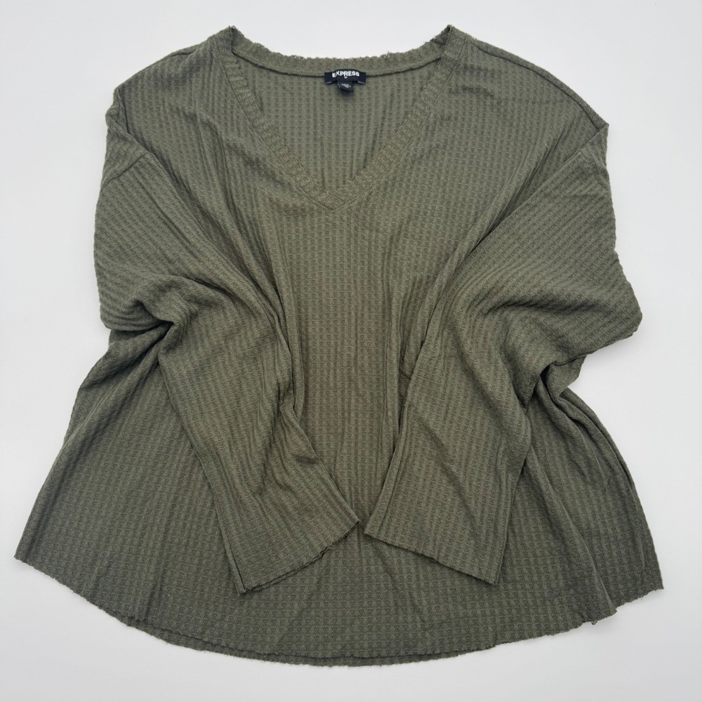Express Womens Olive Green Waffle Knit V-Neck Long Sleeve Thermal Top‎ Size M